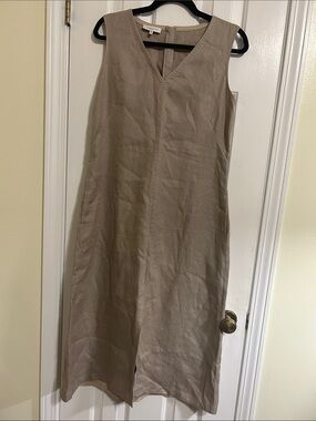 Lafayette 148 New York, Sleeveless V-Neck Linen Dress in Taupe, Sz Small EUC